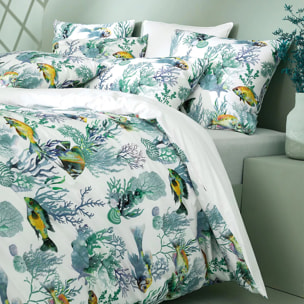 Lot h.couette +taies percale de coton imprimé blanc bleu Naia blanc