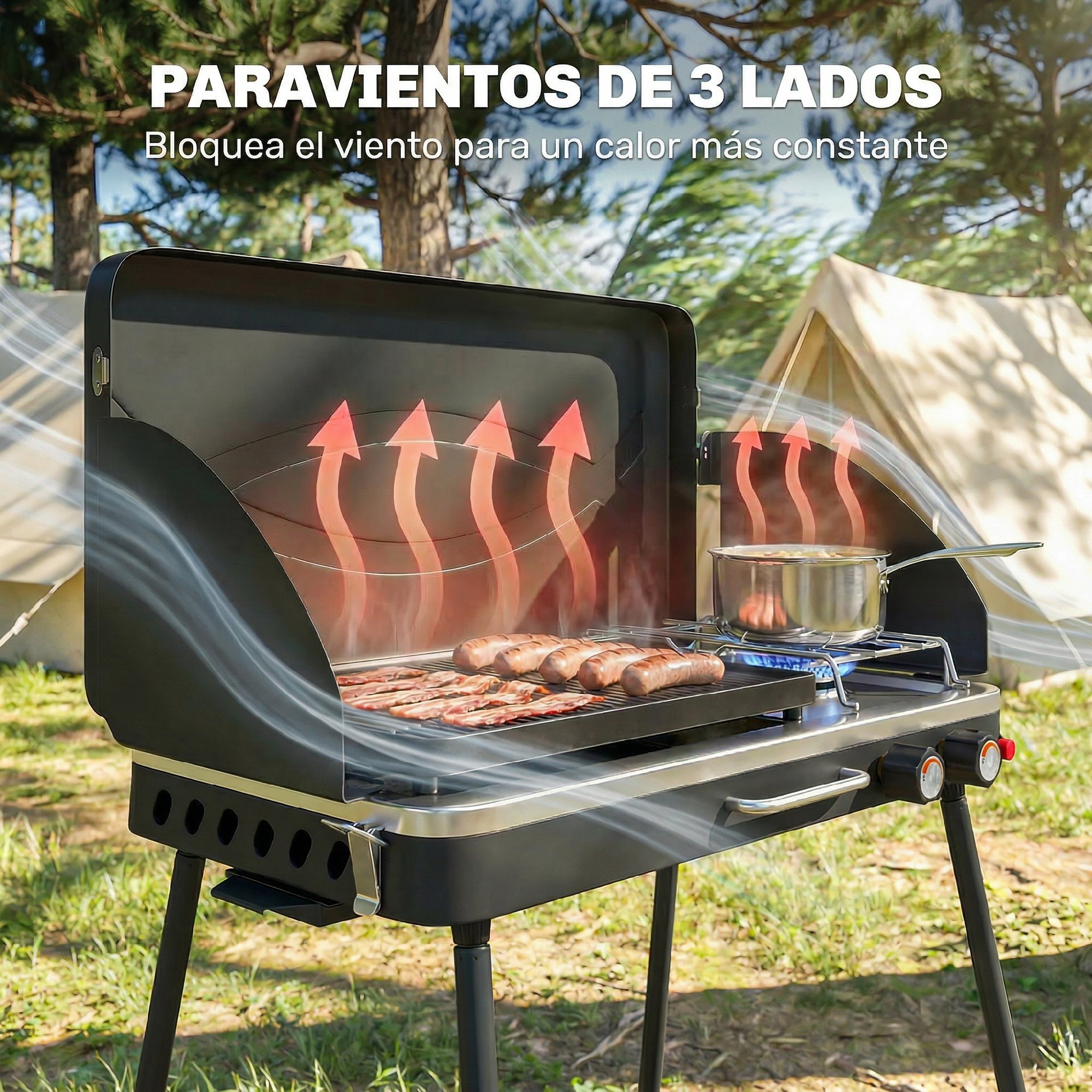 Barbacoa de Gas Portátil 2 en 1, Barbacoa de Gas Propano 7 kW de Mesa o de Pie con Plancha Grande, Patas Desmontables, Protectores de Viento, para Picnic, Camping, Negro