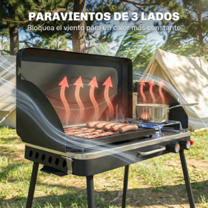 Barbacoa de Gas Portátil 2 en 1, Barbacoa de Gas Propano 7 kW de Mesa o de Pie con Plancha Grande, Patas Desmontables, Protectores de Viento, para Picnic, Camping, Negro