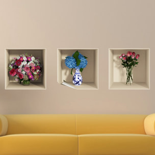 Stickers muraux 3D | Sticker Mural Autocollant effet 3D fleurs rose et bleu - Stickers adhésifs 3D Chambre Salon Trompe l'oeil