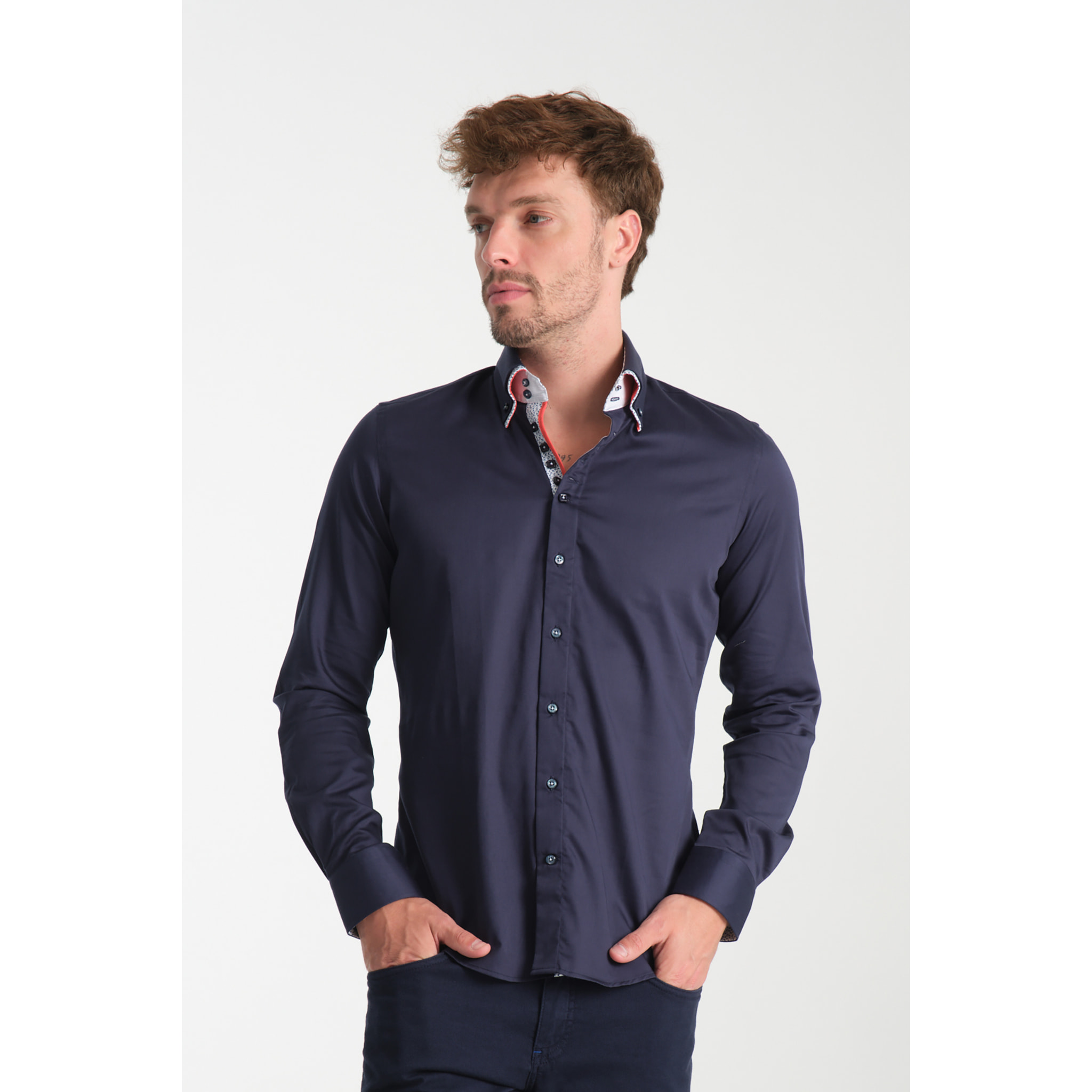 Camicia Uomo 2 Bottoni Button Down 7bottoni Doppio Coll Satin Unito Blu