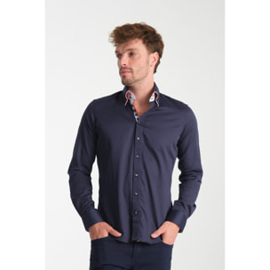 Camicia Uomo 2 Bottoni Button Down 7bottoni Doppio Coll Satin Unito Blu