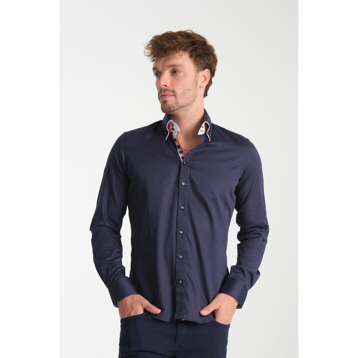 Camicia Uomo 2 Bottoni Button Down 7bottoni Doppio Coll Satin Unito Blu