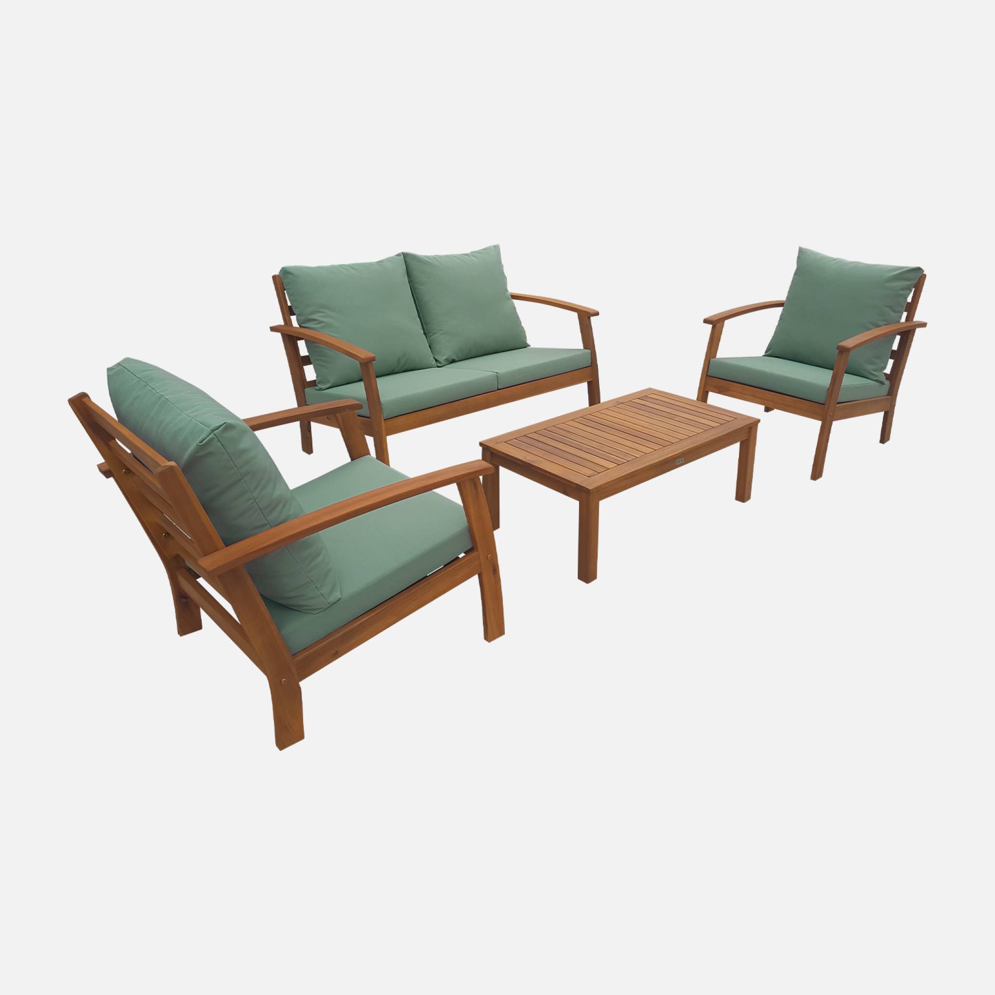 Salon de jardin en bois 4 places - Ushuaïa - Coussins vert de gris. canapé. fauteuils et table basse en acacia. design