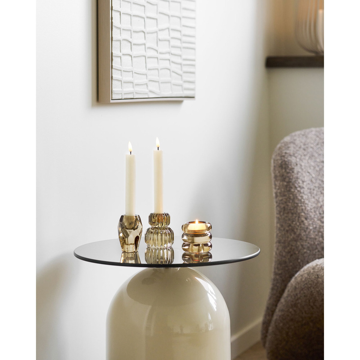 Tavolino d'appoggio Ravello in vetro temperato e metallo grigio/beige ø40×52 cm