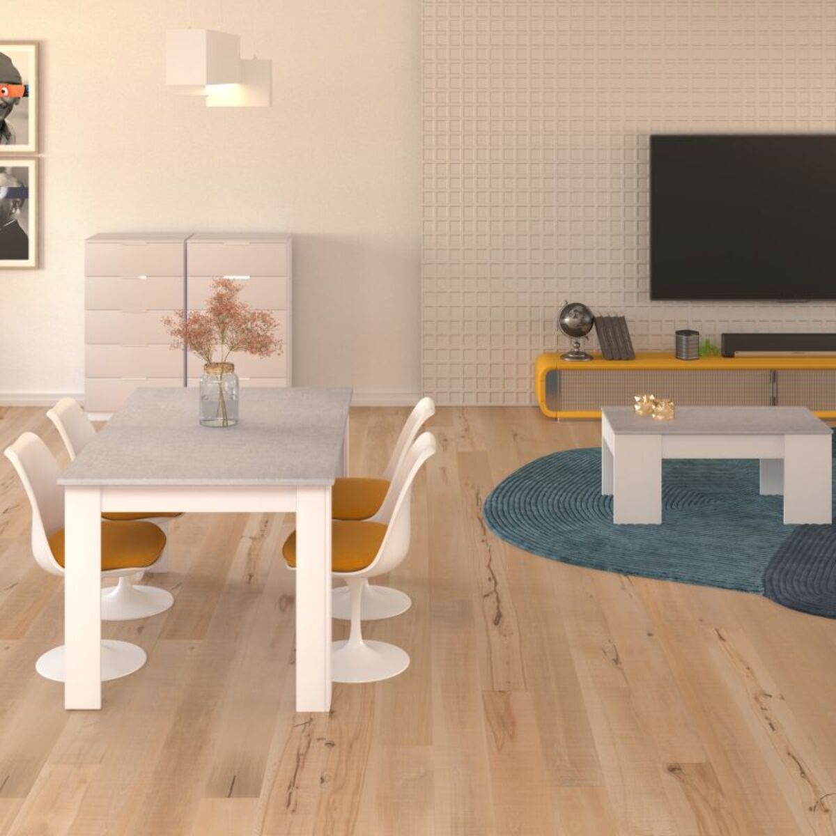 Pack mesa de comedor 140 y mesa de centro Vita Blanco Artik (Blanco Mate) - Gris Cemento