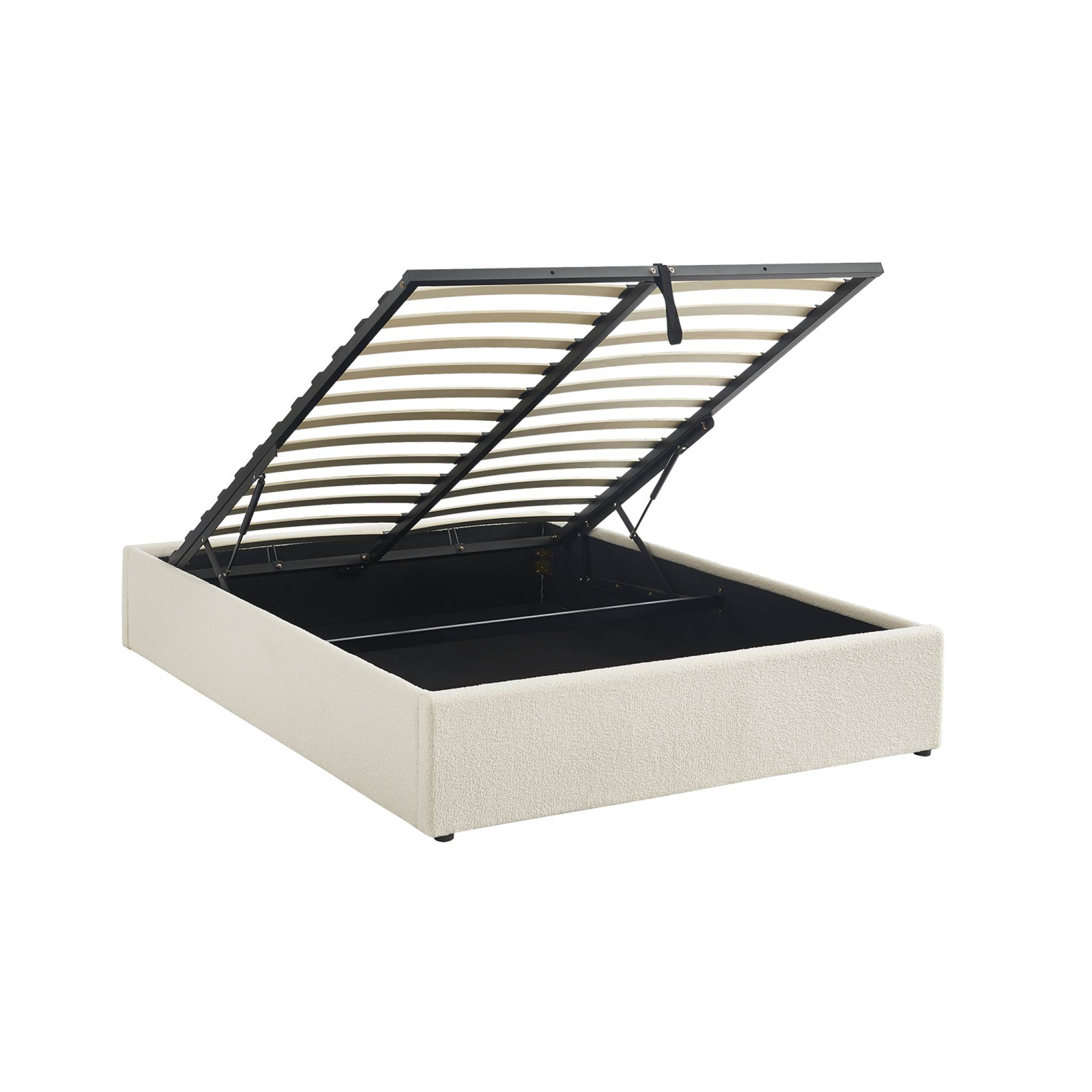 Lit coffre avec sommier à lattes. finition bouclette. blanc. L 204 x P 148 x H 32cm