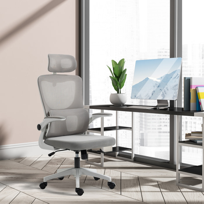Fauteuil de bureau ergonomique réglable - fonction bascule, support lombaires, tétière ajustable - blanc gris