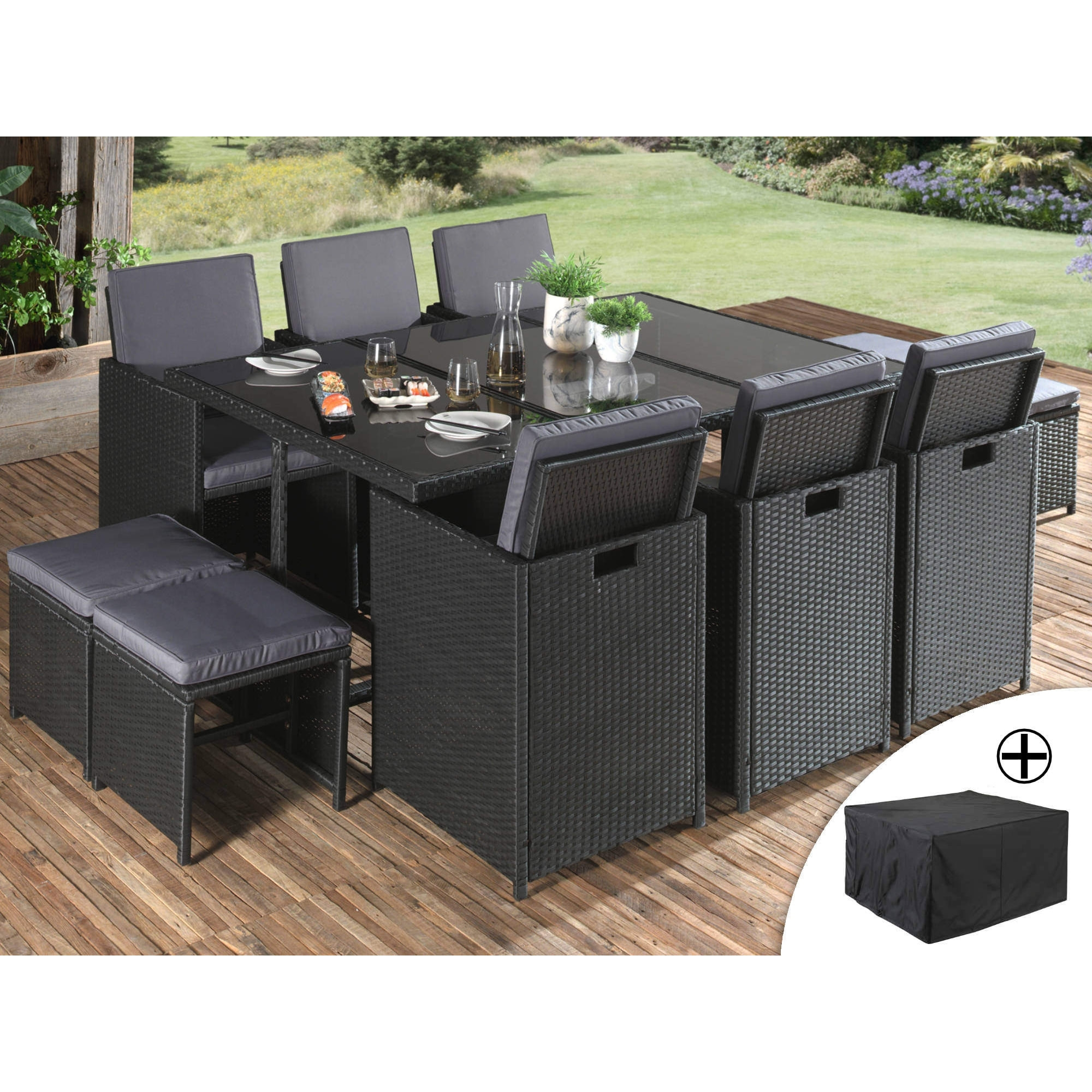 Fira - Salon de jardin encastrable 10 places - en résine tressée - Noir avec coussins gris + housse de protection - Noir / Gris