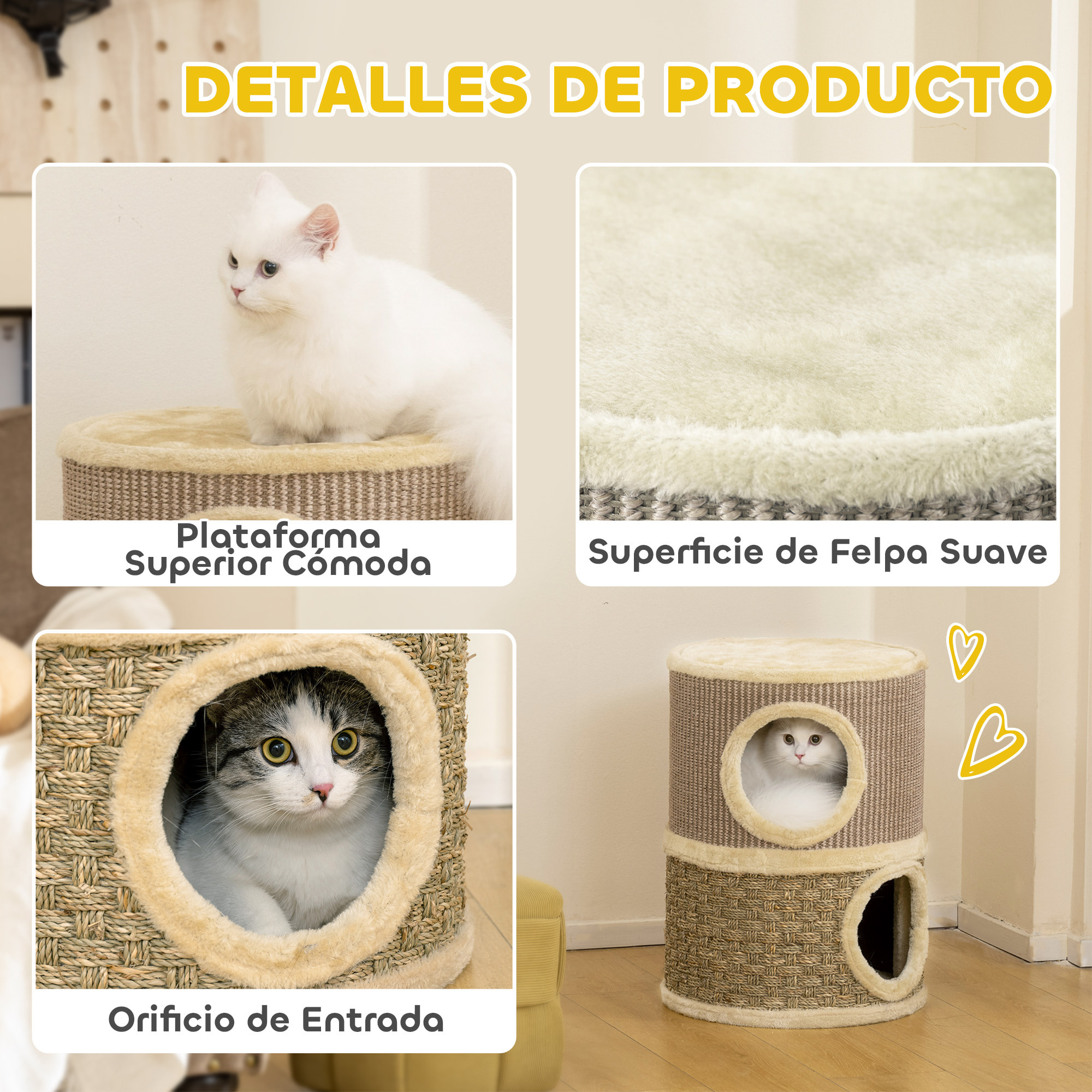 Barril Rascador para Gatos de 2 Niveles, Altura 49 cm, Tonel de Escalada con Cama, Cubierto de Sisal, Torre Rascador para Gatos, Ø35,5x49 cm, Caqui y Café