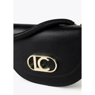 Tracolla a mezza luna con patta, manico intrecciato e dettagli metallici