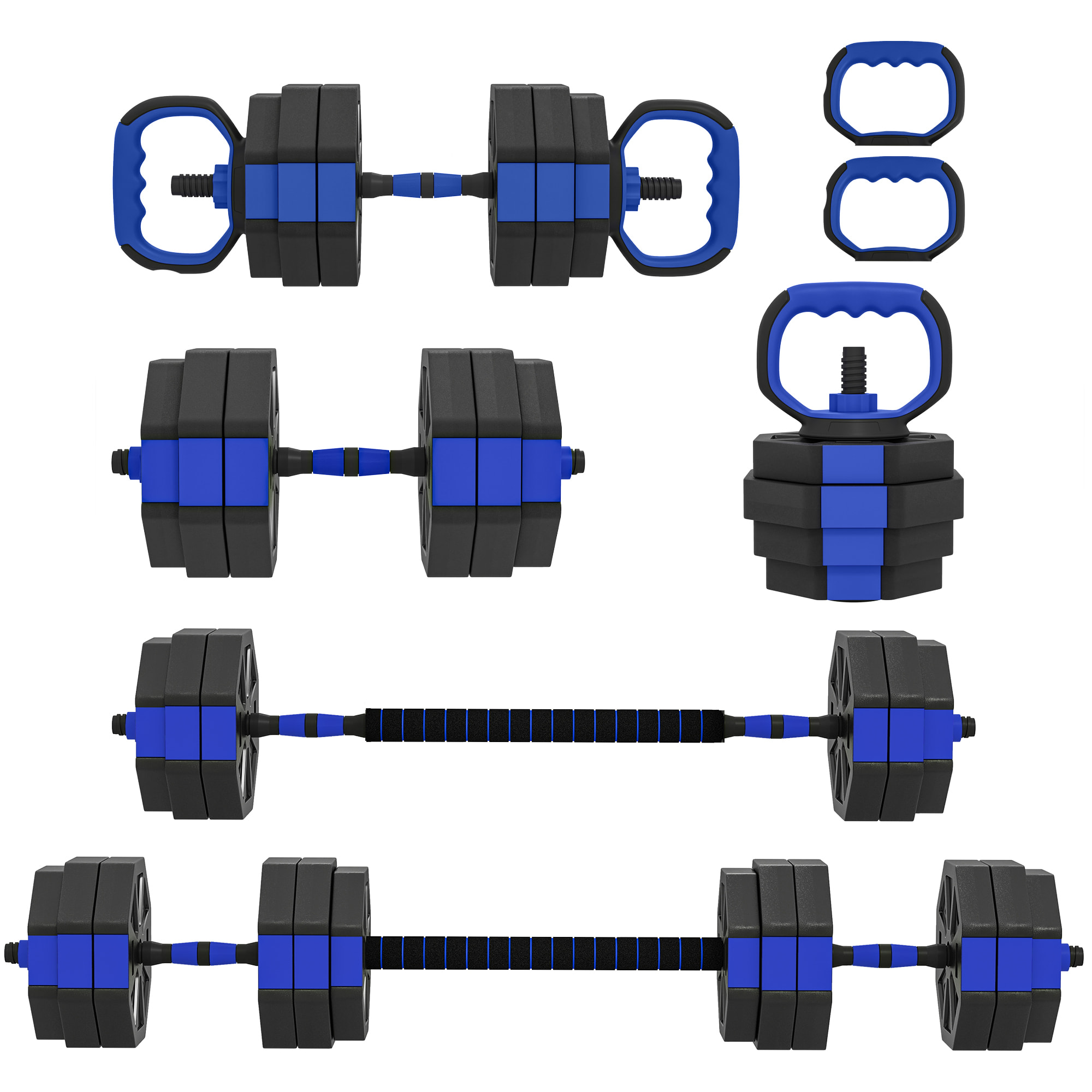 Ensemble d'haltères musculation multifonction 4 en 1 - haltères, kettlebell, push-up support, Olympic barre - total 30Kg - PVC bleu noir