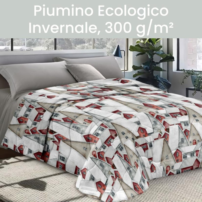 INTRECCI Piumino Matrimoniale, 260 x 260 cm, Piumino Ecologico, Caldo, Invernale, 300 g/m², Anallergico e Antiacaro, Made in Italy, Lavabile in Lavatrice, Soffice, Morbido. Fantasia: Casette