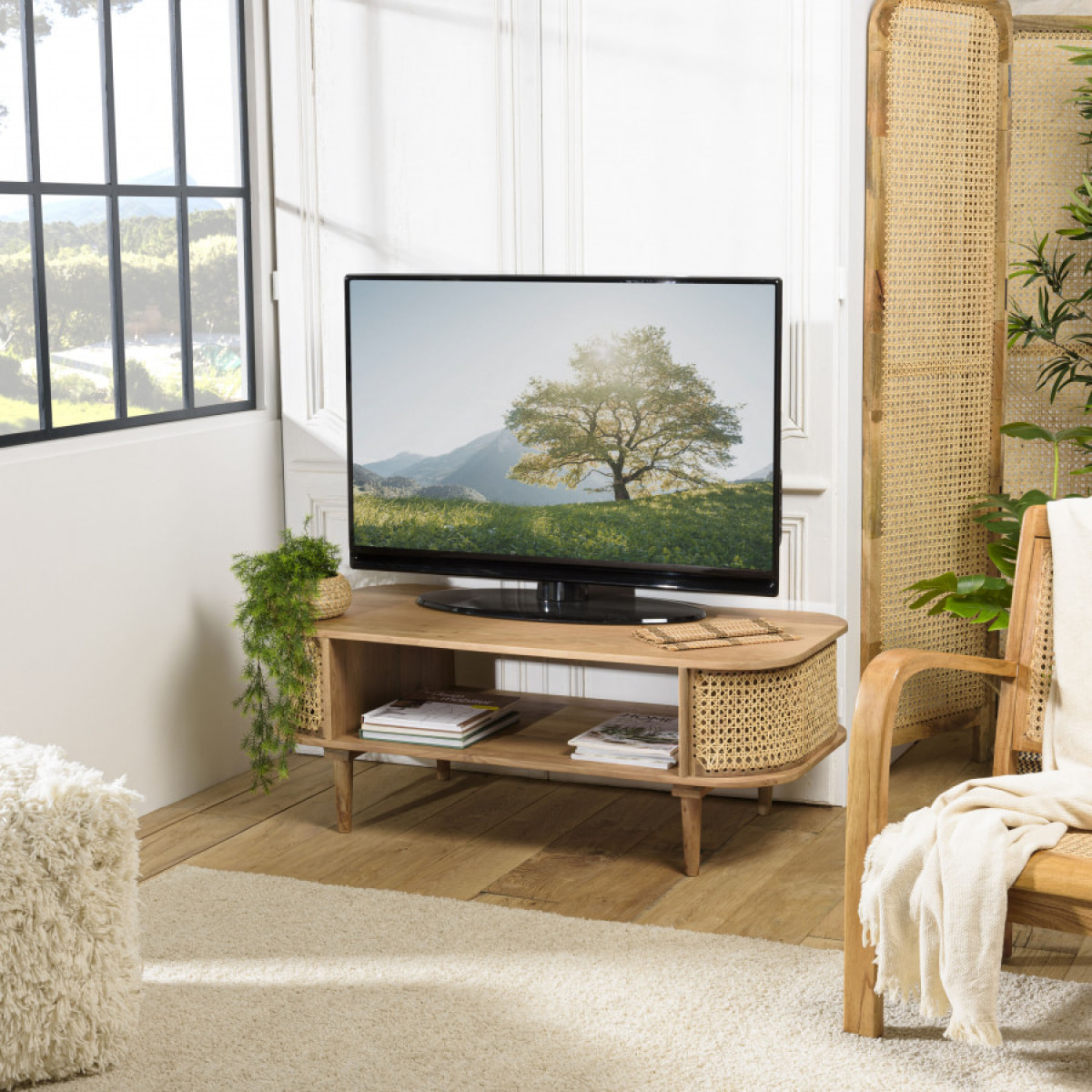 ISA - Meuble TV marron bois de jamelonier et cannage couleur naturelle