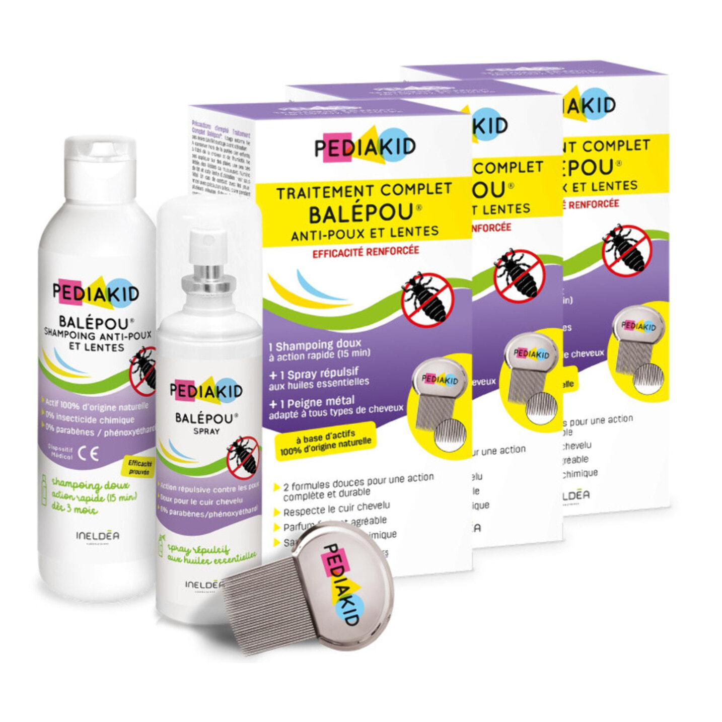 PEDIAKID - Traitement complet Balépou anti-poux et lentes - 1 Shampoing Anti-Poux et Lentes 200 ml + 1 Spray Répulsif 100 ml + 1 peigne - Lot de 3