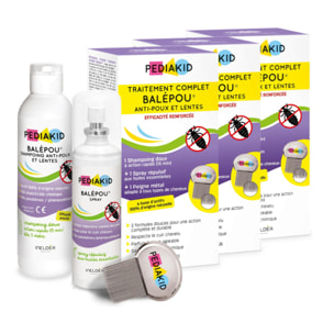 PEDIAKID - Traitement complet Balépou anti-poux et lentes - 1 Shampoing Anti-Poux et Lentes 200 ml + 1 Spray Répulsif 100 ml + 1 peigne - Lot de 3