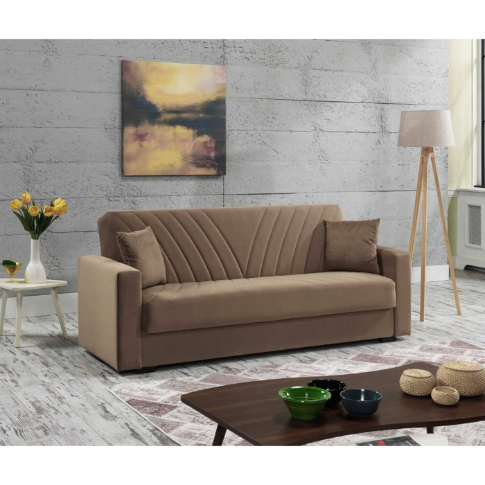 Divano letto Jorge, Divano letto contenitore a 3 posti lineare con 2 cuscini inclusi, Sofà da soggiorno in tessuto imbottito con apertura click-clack, 214x81xh89 cm, Beige