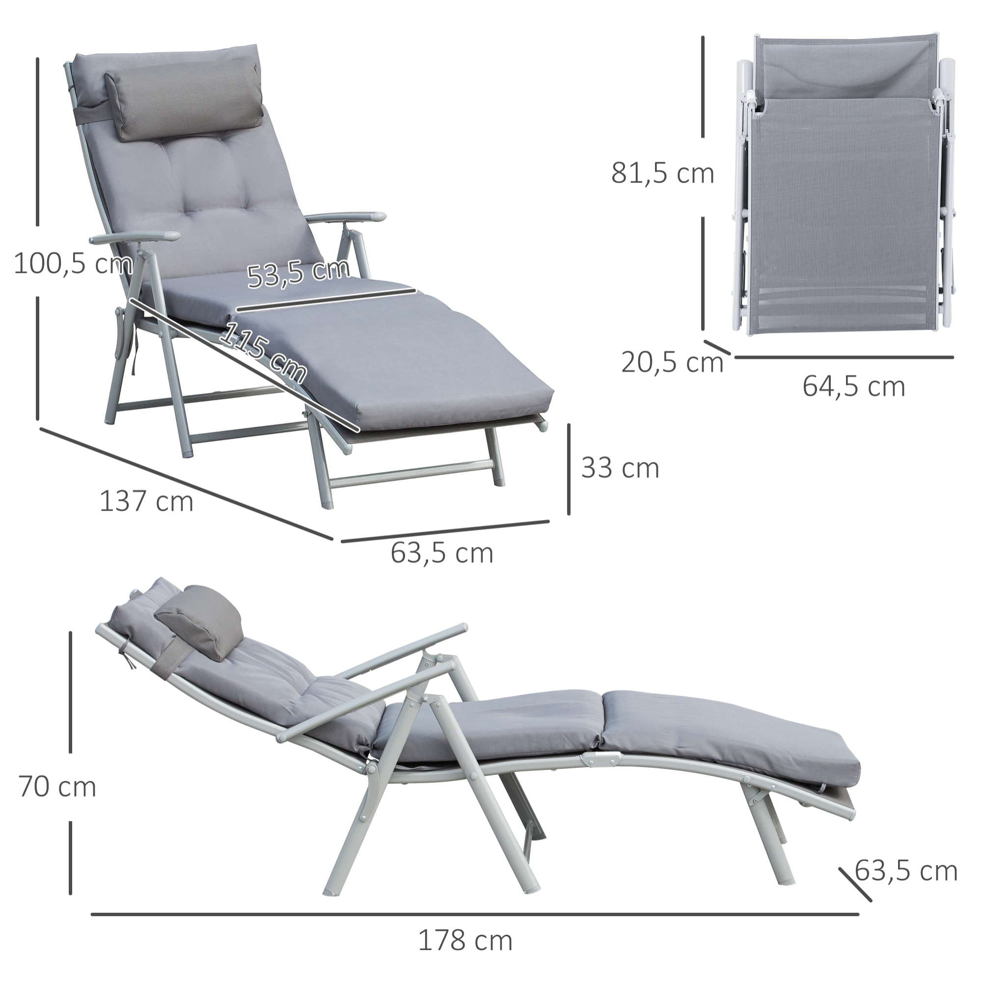 Tumbona Plegable Tumbona de Jardín con Respaldo Ajustable en 7 Posiciones con Cojín Cuerpo Entero y Cabeza para Terraza Piscina Carga 165 kg 137x63,5x100,5 cm Gris