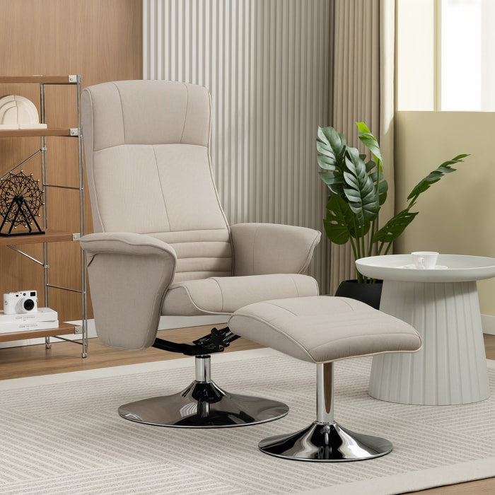 Fauteuil relax style contemporain - pivotant, dossier inclinable, repose-pied - piètement acier chromé tissu beige