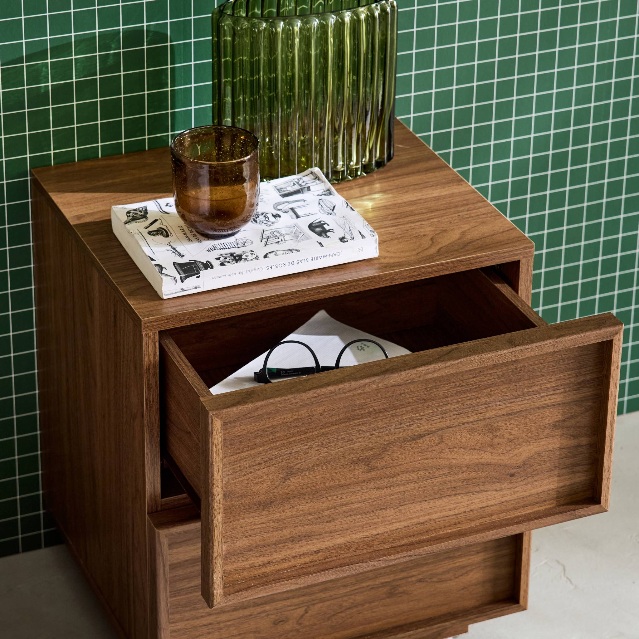 Table de chevet effet bois 2 tiroirs KUBA