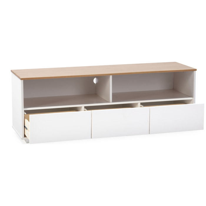 Mueble TV Bob 3 cajones 2 Huecos Blanco/Roble, Madera Maciza