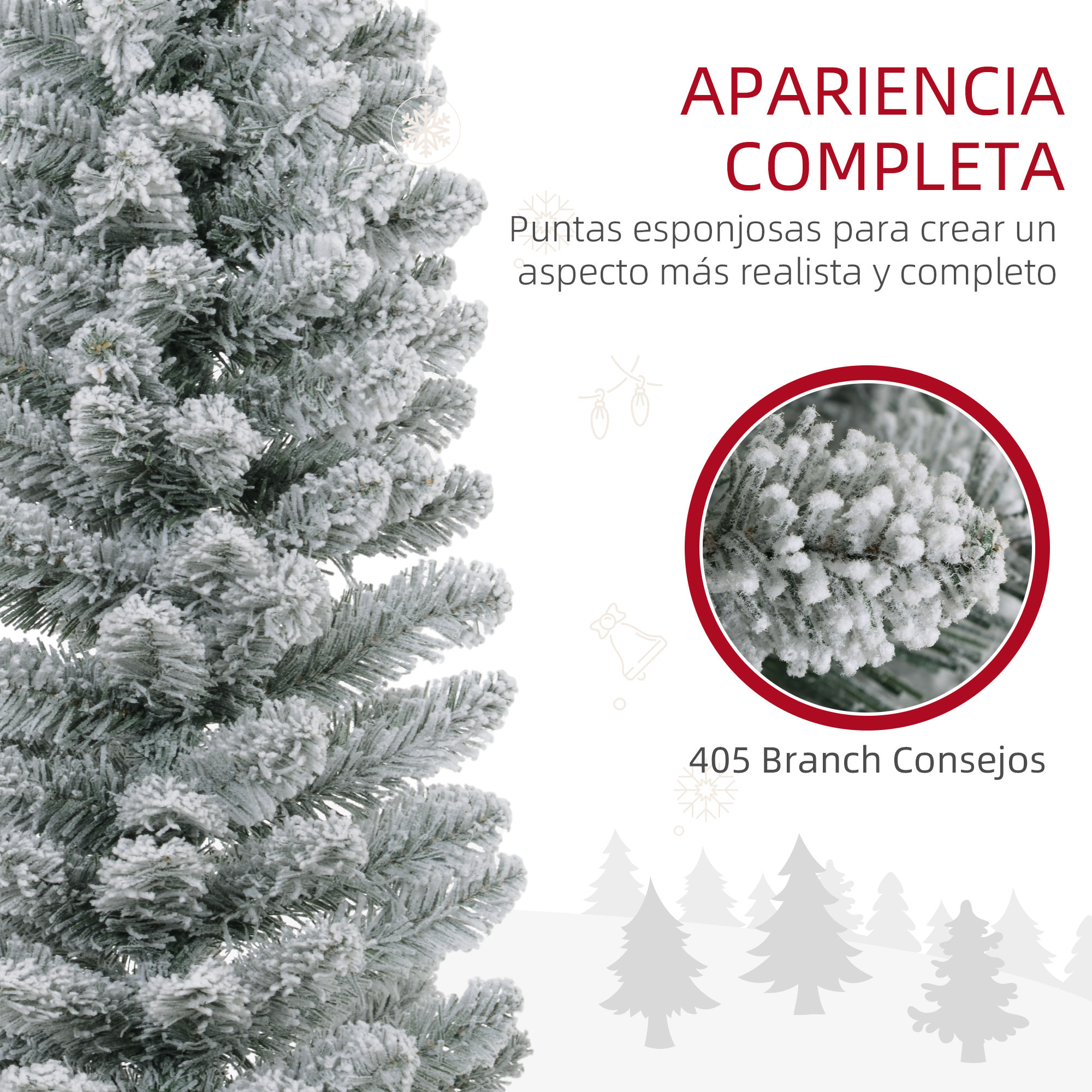 Árbol de Navidad 210 cm Árbol de Navidad Artificial Nevado con 180 Luces LED 405 Ramas y Soporte de Metal Árbol de Navideño para Salón Verde y Blanco