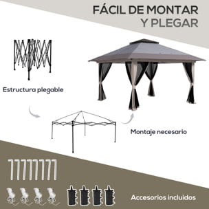 Carpa Plegable Pop-up 4x4x2,8 m Cenador de Jardín con Paredes Altura Ajustable Anti-UV Impermeable Doble Techo Mosquiteras y Bolsa de Ruedas Gazebo para Exterior Fiestas Camping Gris Claro