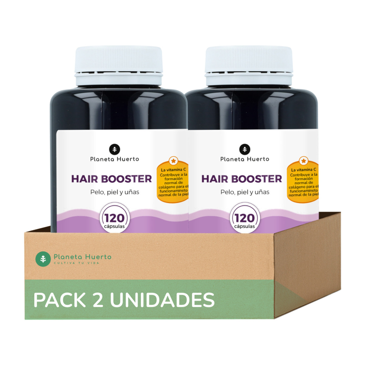 PLANETA HUERTO | Pack 2x Hair Booster Pelo, Piel y Uñas 120 Cápsulas - Vitaminas y Minerales para Fortalecer Cabello, Piel y Uñas | Reducción de la Caída