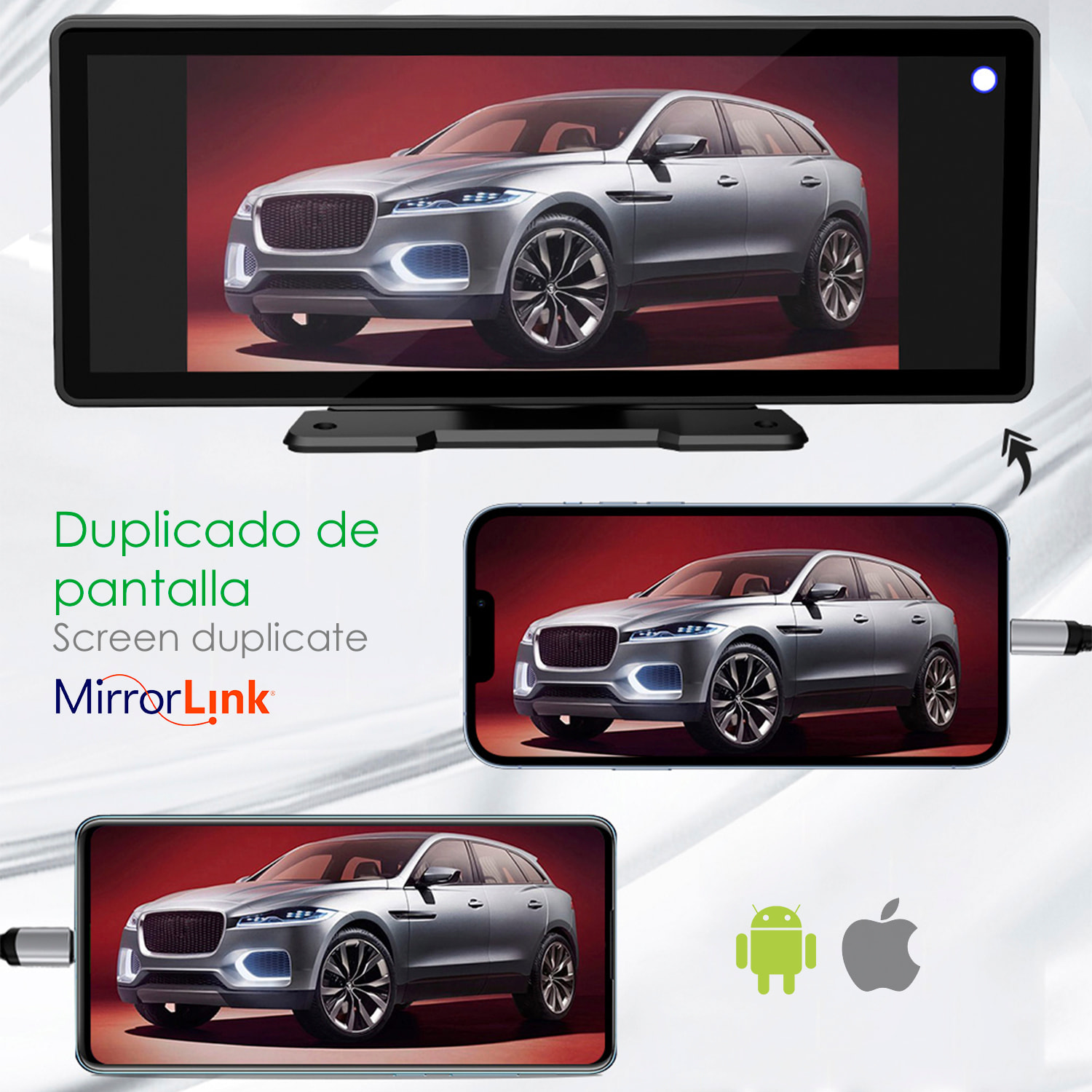 DAM Pantalla táctil B5303R para coche 10,2" HD. Android Auto/Car Play inalámbrico. Bluetooth MP5 con Mirror Link, dashcam frontal + trasera 12 LED. 24,45x2,5x9,8 Cm. Color: Negro