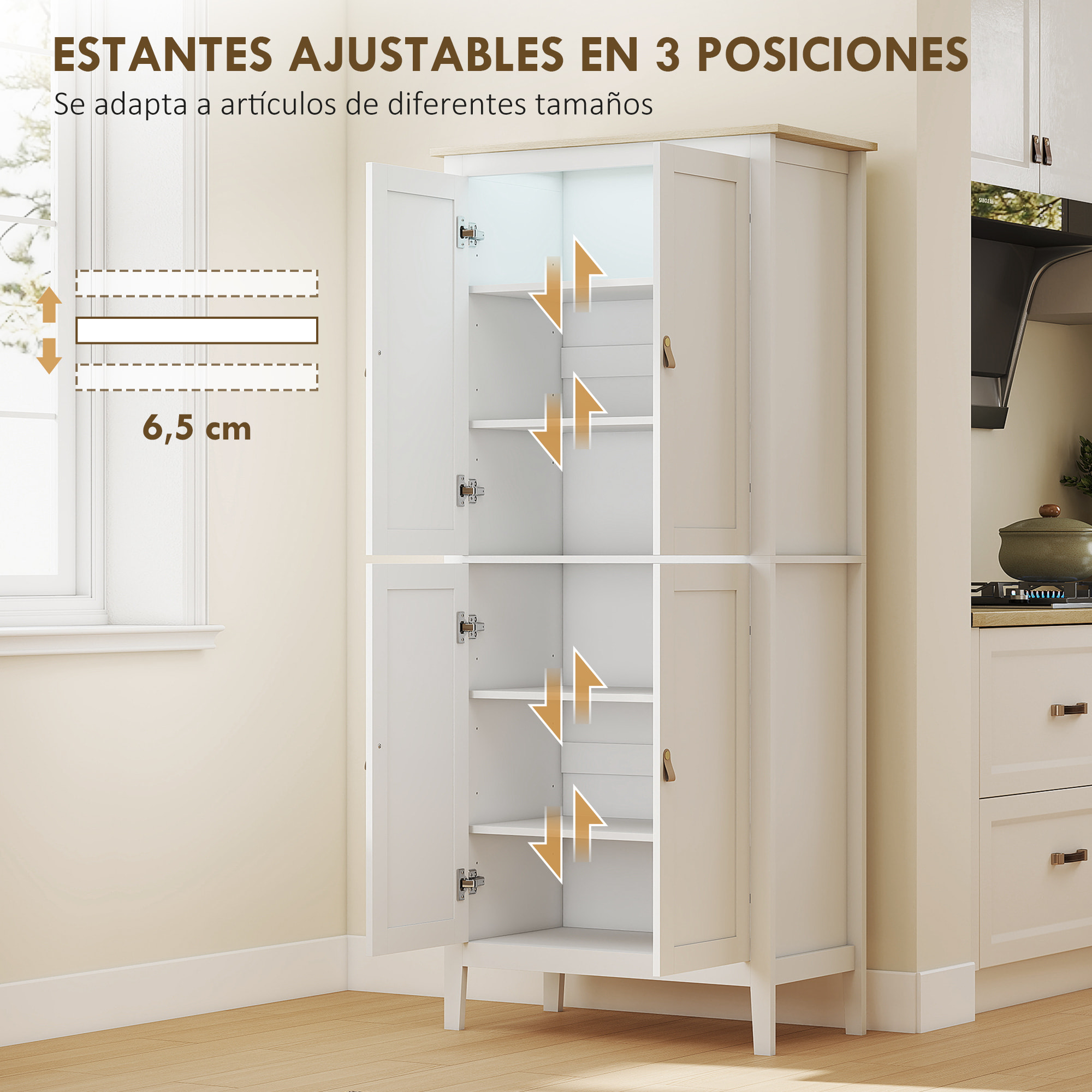 Alacena de Cocina Alta con Luz LED Sensor de Movimiento, Mueble Auxiliar de Cocina con Iluminación Regulable en 3 Colores, 4 Puertas y Estantes Ajustables, Blanco