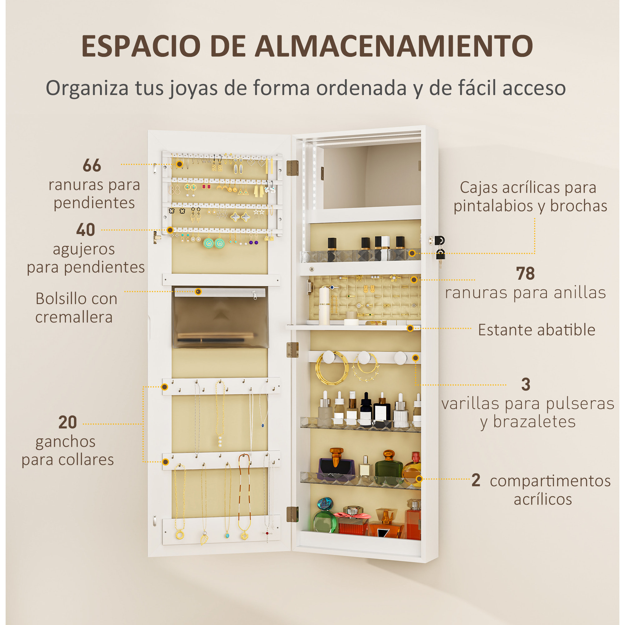 Espejo Joyero de Pared Espejo Joyero Colgante con Luces LED y Cerradura Espejo Integrada Armario de Joyas para Colgar en la Pared o en la Puerta Blanco