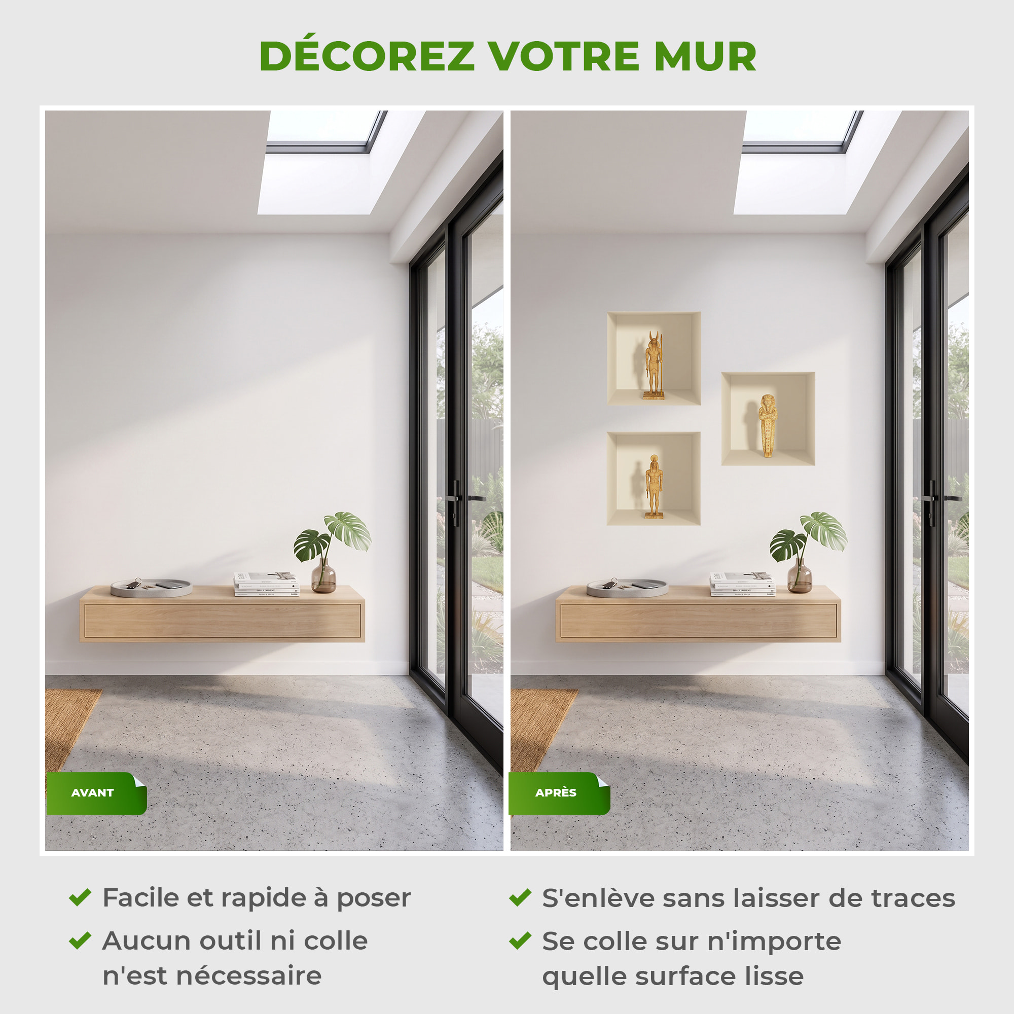 Stickers muraux 3D | Sticker Mural Autocollant effet 3D Egypte statues d'argile - Stickers adhésifs 3D Chambre Salon Trompe l'oeil