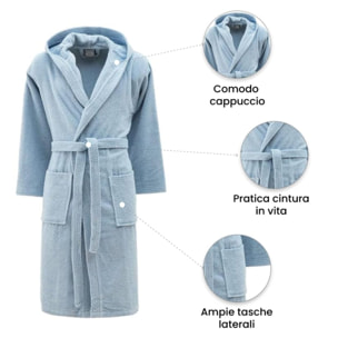Accappatoio in cotone spugna 420 gr/mq morbido e assorbente, unisex con cappuccio, cintura e tasche, asciugatura rapida e comfort elevato, resistente ai lavaggi e ai colori, certificato OEKO-TEX, ideale per bagno, piscina e uso quotidiano