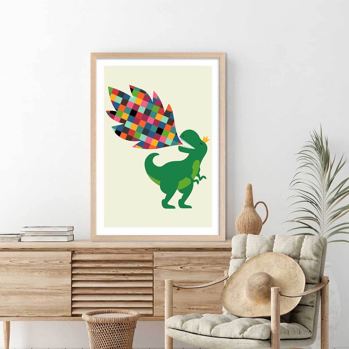 Affiche  dino cracheur de feu Affiche + cadre en bois - Chêne