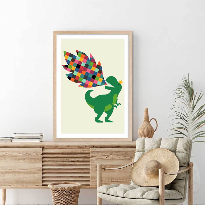 Affiche  dino cracheur de feu Affiche + cadre en bois - Chêne