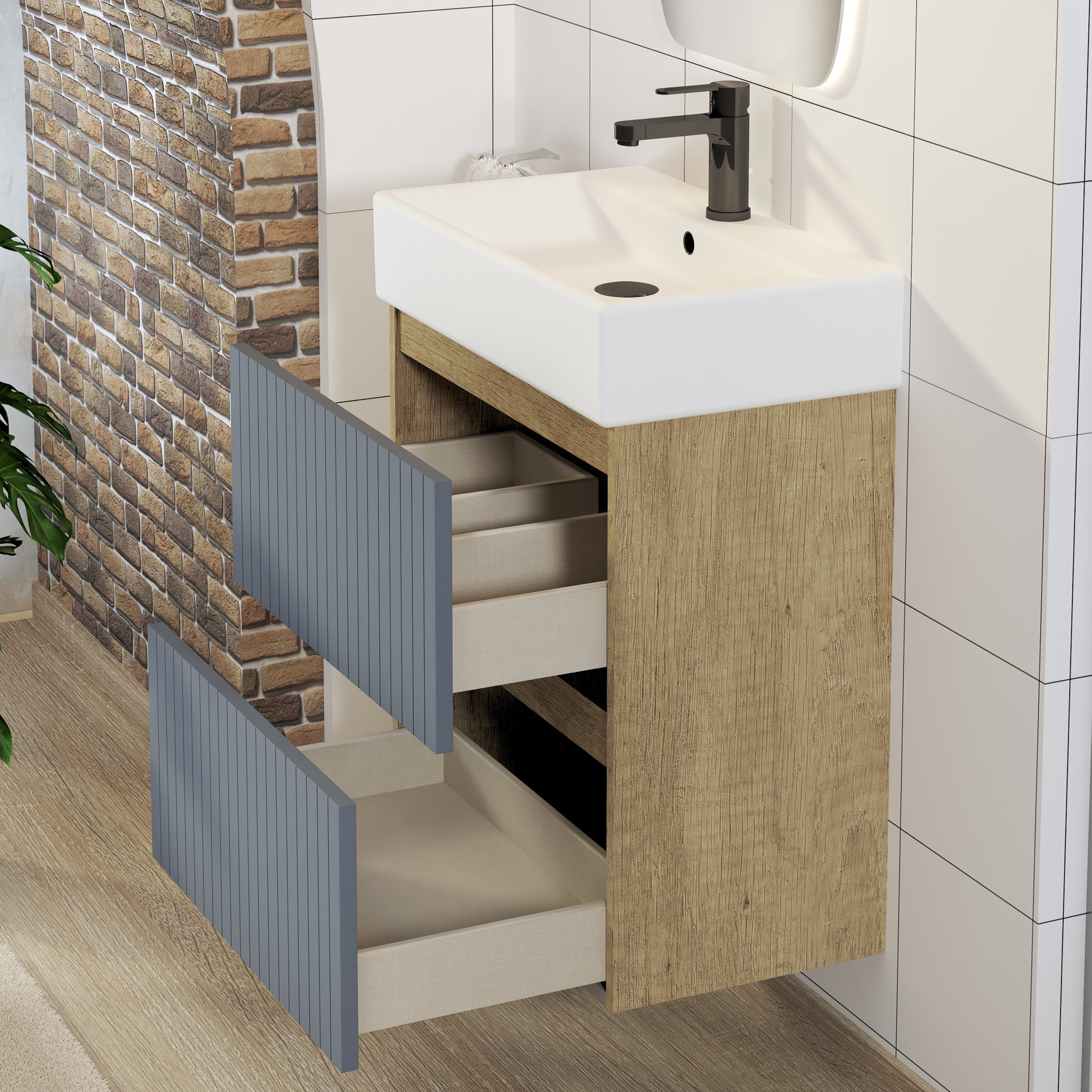 Conjunto de Baño Zel | Mueble Suspendido | 60 cm Azul | Dos Cajones | Lavabo Encastrado | No incluye Espejo | Mueble Montado| Alday