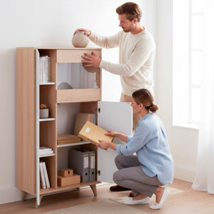 Credenza Con Vetrina Moderna Mobile contenitore Con Ripiani Interni In Truciolare Melaminico Ideale Per Soggiorno 77 x 33 x 142 Cm Bianco E Rovere