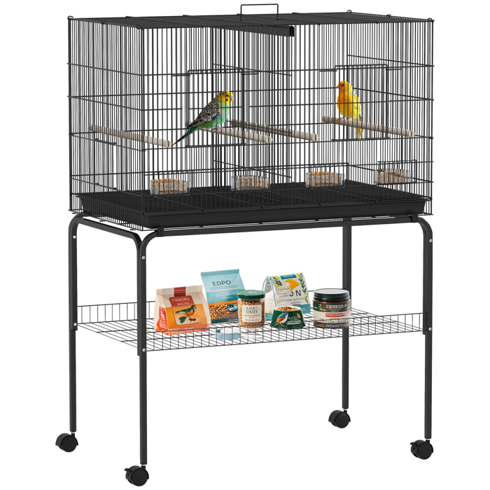 Jaula para Pájaros con Divisor Jaula con Ruedas para Mascota Aves Loros Canarios Pajarera con Comederos Perchas y Bandeja Extraíble 94x57x128 cm Negro