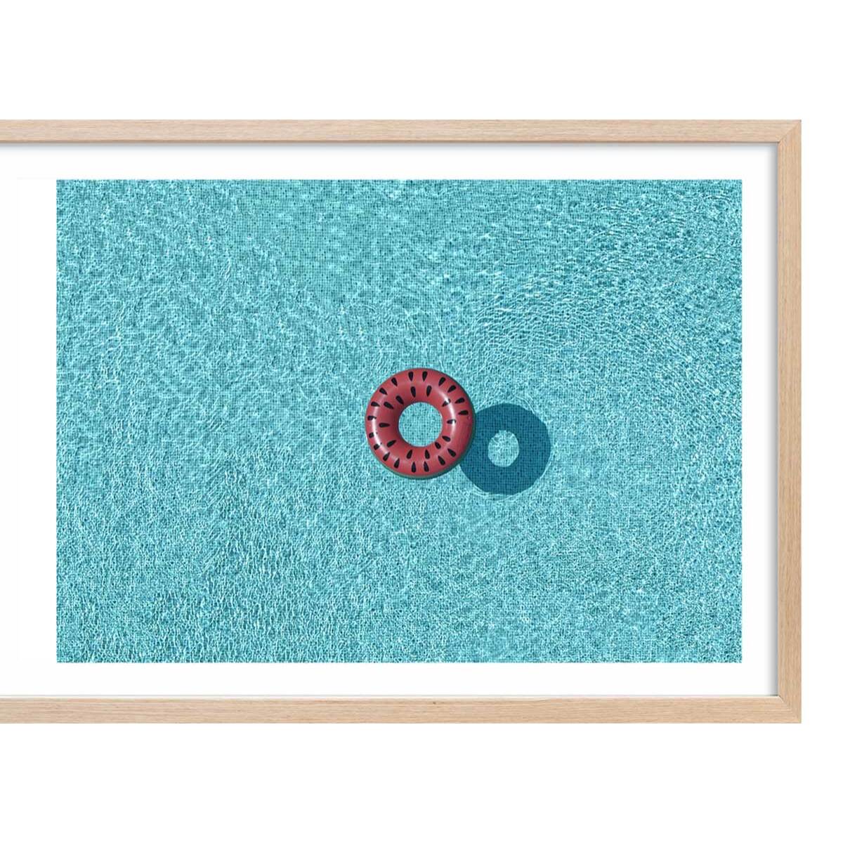 Poster pastèque piscine Affiche + cadre en bois - Chêne