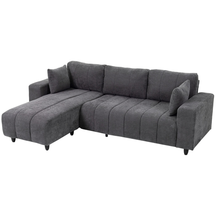 Canapé d'angle réversible 3 places design look matelassé 2 coussins déco tissu toucher lin gris