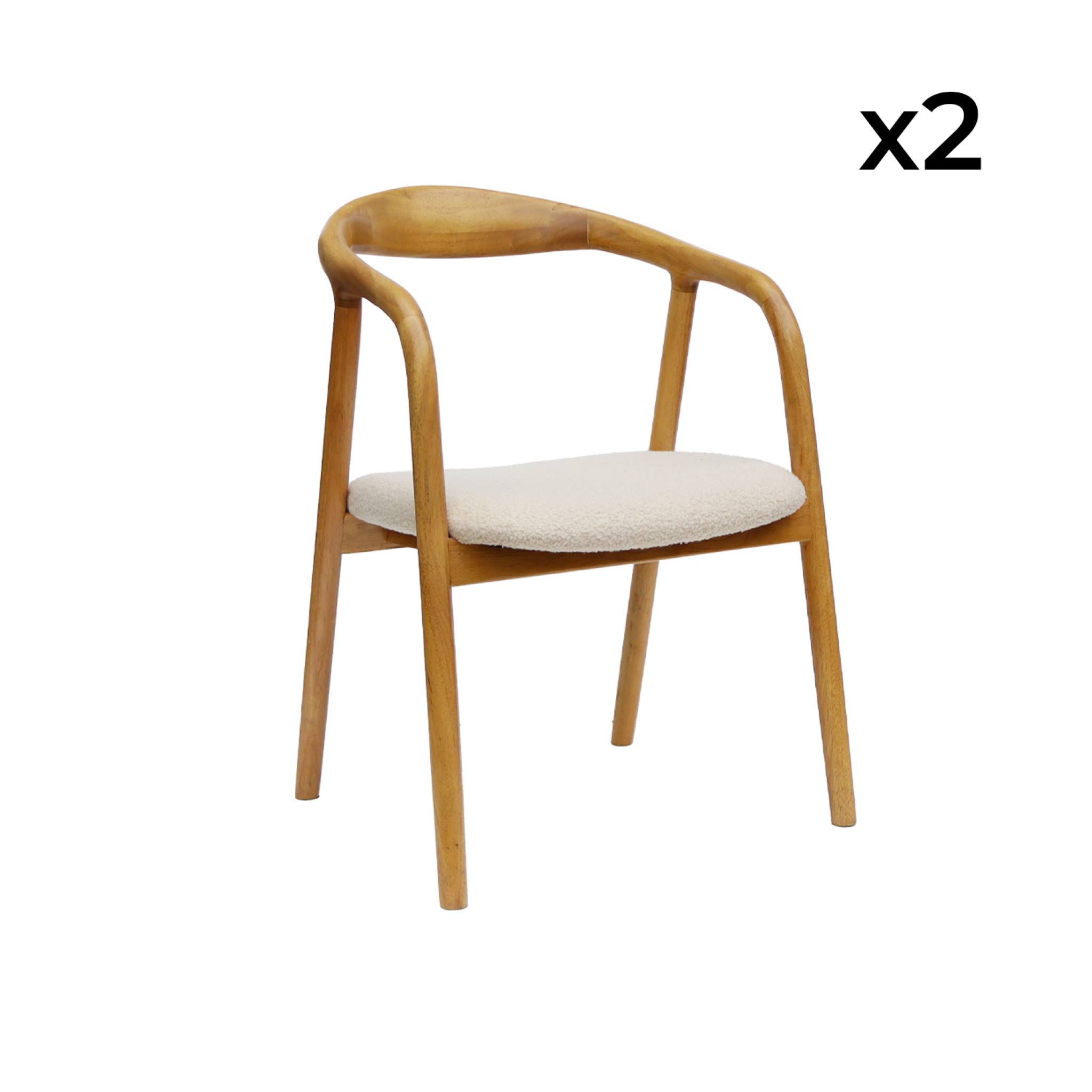 Lot de 2 fauteuils structure bois d'hévéa. assise bouclette teinte naturelle vintage. L 55 x P 57 x H 79cm