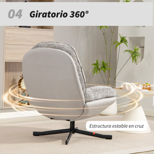 Sillón Giratorio Moderno, Butaca de Salón con Base Cruz, Tapizado en Chenilla y Cuero PU, Asiento Ancho Doble, Patas de Acero y Reposabrazos, Sillón Relax para Sala de Estar, Dormitorio, Gris