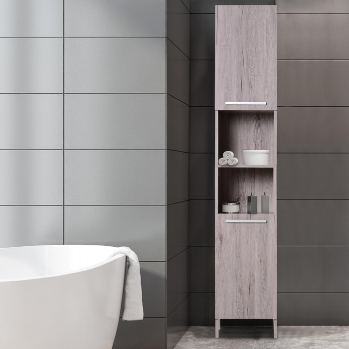 Meuble colonne rangement salle de bain dim. 30L x 32l x 172H cm 2 placards avec étagère + 2 niches MDF imitation bois gris