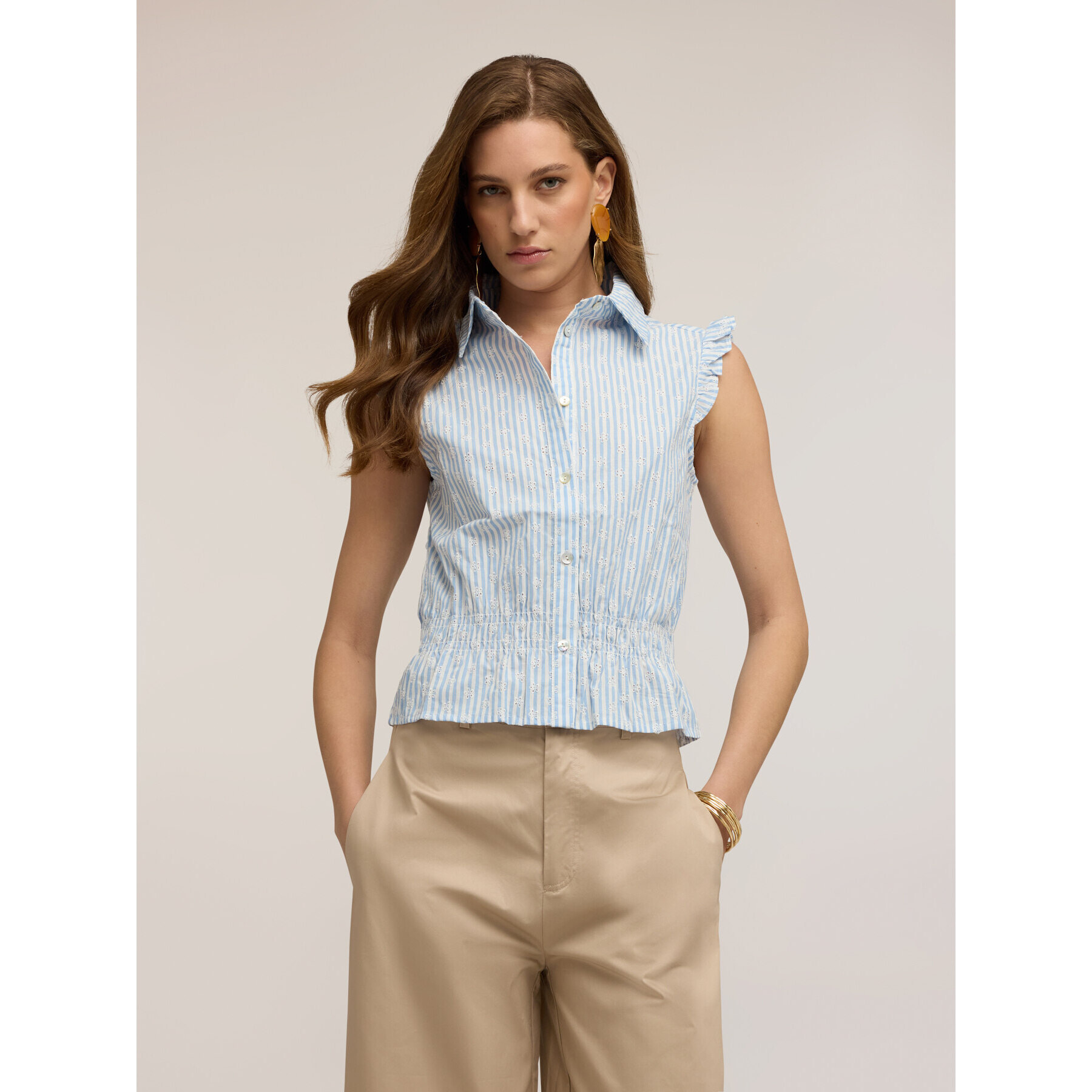 Motivi - Camicia senza maniche in popeline ricamato - Azzurro