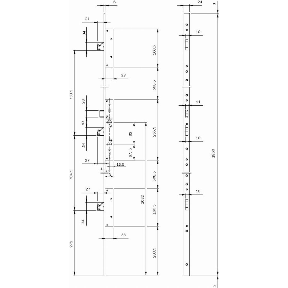 Serrure 3 points Multiblindo Inox ISEO pêne réversible - Têtière U 1860x24x6 - Axe 35 - 795101352