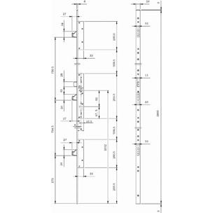 Serrure 3 points Multiblindo Inox ISEO pêne réversible - Têtière U 1860x24x6 - Axe 35 - 795101352