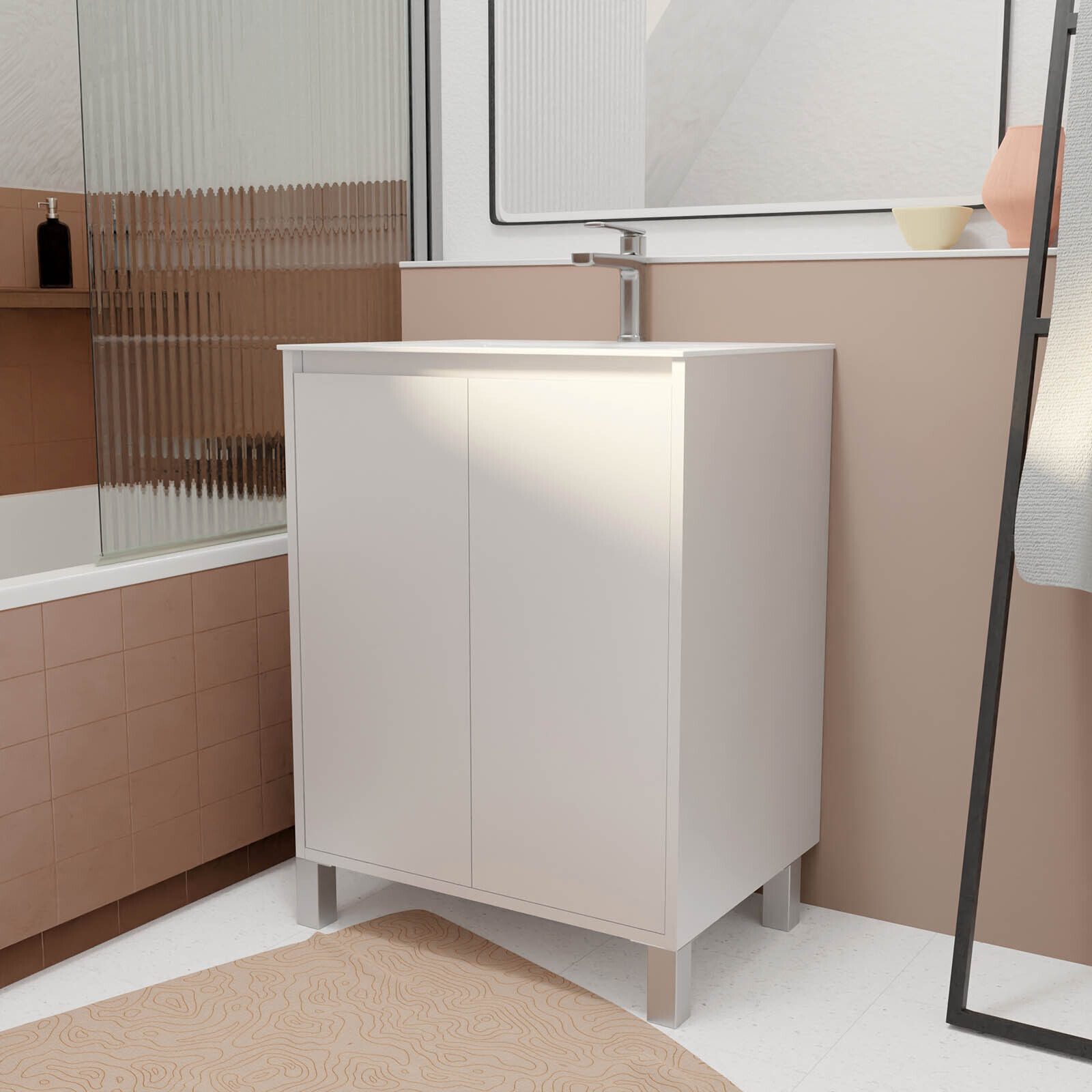 Pack Meuble Salle de Bains 60cm Laqué Blanc 2 portes avec Vasque Céramique Blanche - XENOS