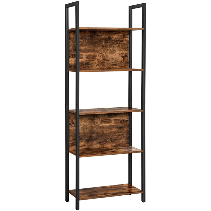 Libreria a 5 ripiani stile industriale rustico in legno e acciaio nero