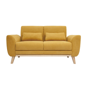 Canapé scandinave 2 places en tissu effet velours jaune moutarde et bois clair EKTOR