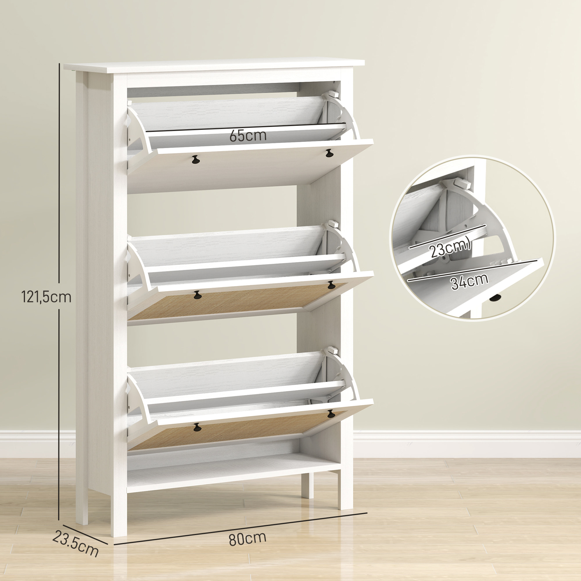 Meuble chaussures - armoire à chaussures 3 tiroirs à portes abattants effet cannage rotin bois naturel